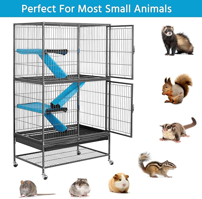 Yaheetech 54'' Rolling Ferret Cage Large 4-Tiers Chinchilla Cage Small Animal Cage for Adult Rats/Guinea Pigs/Chinchilla/Sugar Glider w/ 2 Removable Ramps/Hammock, Black