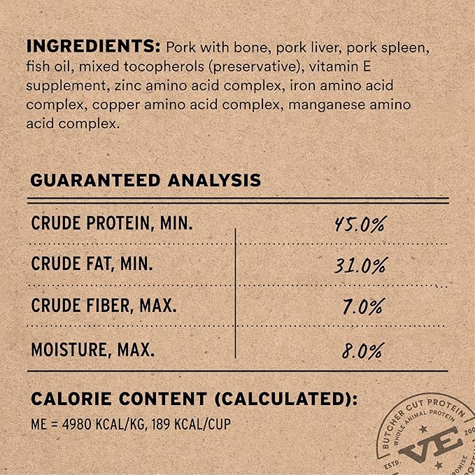 Vital Essentials Freeze-Dried Raw Pork Meal or Mixer Cat Food Soft Nibs | 99% Pork, Organs & Bone | 12 oz