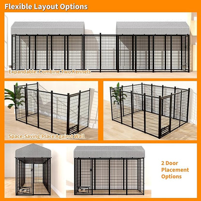 Large Dog Kennel Outside with Roof, Heavy-Duty Indoor Outdoor Dog Run Dog Enclosure with Removable Cover, Dog Pens Outside Playpen with Latch-Lock & Swivel Feeding Door, 4x8x6 Ft