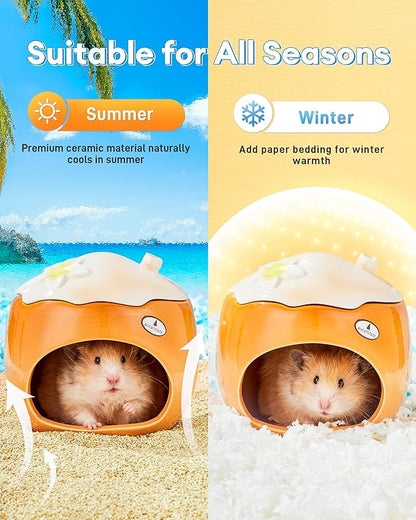 BUCATSTATE Hamster Hideout Ceramic, Coconut Shape Hamster House and Habitat for Dwarf Hamsters, Mice, Syrian Hamsters, Chipmunks or Other Small Pets (Brown-Large)