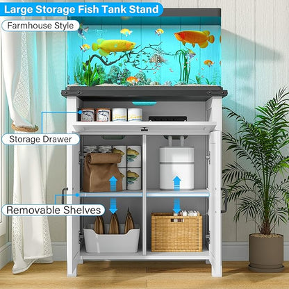 20 Gallon Fish Tank Stand with Power Outlets, Farmhouse Decorative Aquarium Stand Furniture with Adjustable Shelves, 10-20 Gallon Reptile Turtle Tank Stand with Cabinet Storage (White, 20GL)