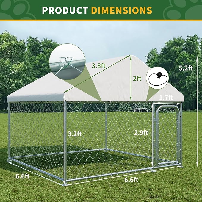 LotFun Large Outdoor Dog Kennel, 10 x 10 FT Heavy Duty Dog Enclosure with Chain Link Fence, UV-Resistant Canopy Cover, Double Lock Security (6 x 6 x 5 in)