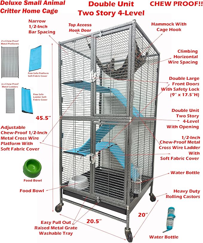 Deluxe Two Full Story Double Unit 4-Tiers Chew-Proof Tight 1/2-Inch Bar Spacing Double Durable Front Doors Feisty Ferret Hammock Squirrel Chinchilla Rat Gerbil Small Animal Critter Rolling Cage