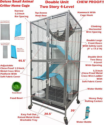 Deluxe Two Full Story Double Unit 4-Tiers Chew-Proof Tight 1/2-Inch Bar Spacing Double Durable Front Doors Feisty Ferret Hammock Squirrel Chinchilla Rat Gerbil Small Animal Critter Rolling Cage