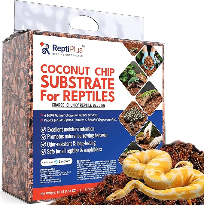Premium Coconut Chip Substrate for Reptiles by ReptiPlus - 10 LB Compressed Block Expands up to 72 Quarts - Natural Bedding for Ball Pythons, Tortoises, Hermit Crabs, Bearded Dragon Habitats