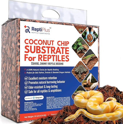 Premium Coconut Chip Substrate for Reptiles by ReptiPlus - 10 LB Compressed Block Expands up to 72 Quarts - Natural Bedding for Ball Pythons, Tortoises, Hermit Crabs, Bearded Dragon Habitats