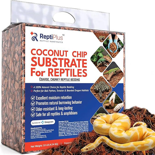 Premium Coconut Chip Substrate for Reptiles by ReptiPlus - 10 LB Compressed Block Expands up to 72 Quarts - Natural Bedding for Ball Pythons, Tortoises, Hermit Crabs, Bearded Dragon Habitats