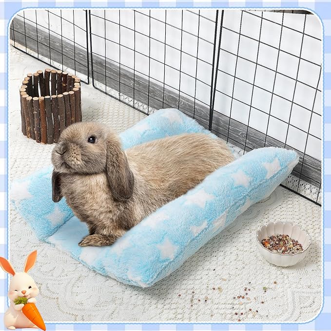 MEWTOGO 15.7 x 14In Rabbit Bed - Thickened Soft Bunny Concave Bed, Cuddle Cushion Plush Mat with Cotton Lounger Pillows for Cage Sleeping Indoor Bunny Gifts, Light Blue-Star