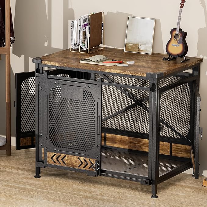 Dog Crate Furniture, Sliding Doors 39.9" – Heavy Duty Wooden Dog Kennel with Cushion, Dog Cage for Medium & Large Dogs, Chew-Resistant End Table Design