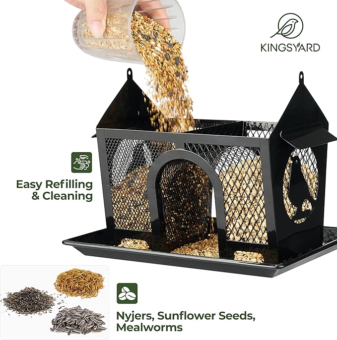 Kingsyard Metal Bird Feeders for Outdoors Hanging, Wild Bird Feeder with Seed Tray and Weatherproof Roof, 3 lbs Seed Capacity, Black