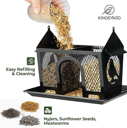 Kingsyard Metal Bird Feeders for Outdoors Hanging, Wild Bird Feeder with Seed Tray and Weatherproof Roof, 3 lbs Seed Capacity, Black