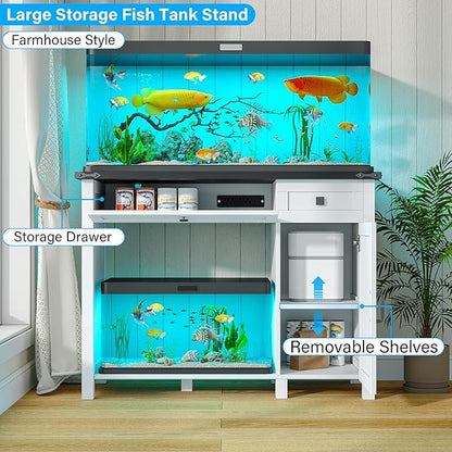 40 Gallon Fish Tank Stand with Power Outlets, Farmhouse Decorative Aquarium Stand Furniture with Adjustable Shelves and Drawer, Reptile Turtle Tank Stand with Cabinet Storage (White, 30-40GL)