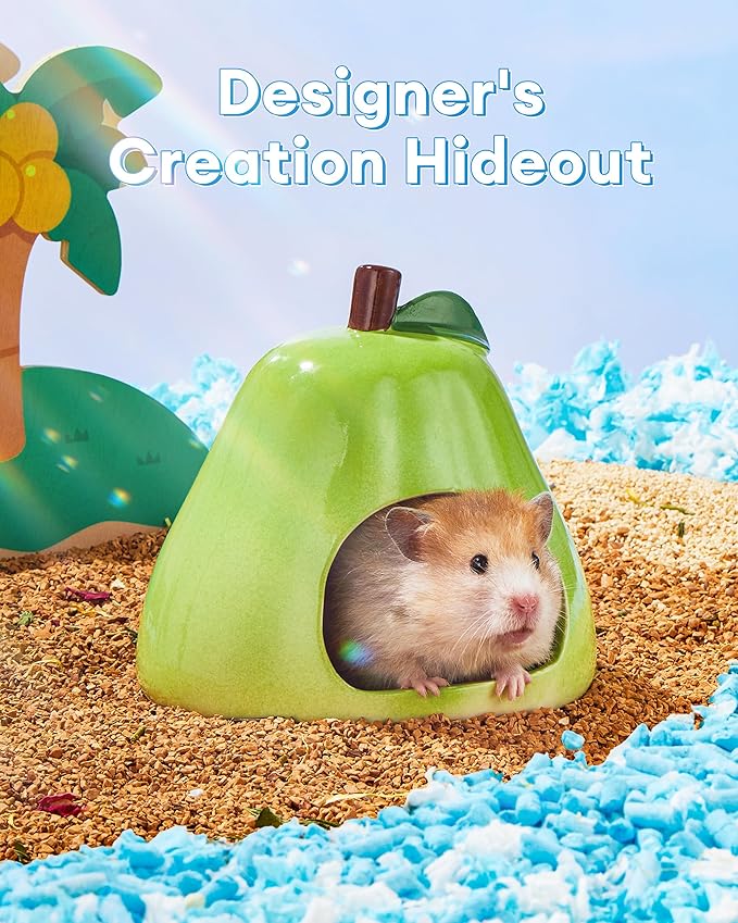 BUCATSTATE Hamster Hideout Ceramic, Pear Shape Hamster House and Habitats Cool Bed, Ideal for All Season Dwarf Hamster, Gerbil, Mice, Golden Bear (Green-Large)