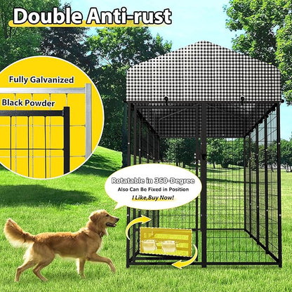 Large Outside Dog Kennel, Outdoor Dog Run Enclosure 8'x4'x6' Dog Pen House with Roof Cover Heavy Duty Welded Wire Steel Dog Playpen Animal Fence with Feeding Door