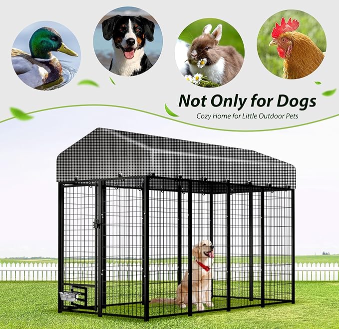 HITTITE 8x4x6 FT Large Outdoor Dog Kennel, Expandable Modular Dog Kennel Outside with Rotate Feeding Door, Heavy Duty Welded Wire Steel Dog Run Dog Playpen Fence with Black Roof Cover for Backyard