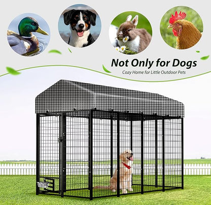 HITTITE 8x4x6 FT Large Outdoor Dog Kennel, Expandable Modular Dog Kennel Outside with Rotate Feeding Door, Heavy Duty Welded Wire Steel Dog Run Dog Playpen Fence with Black Roof Cover for Backyard