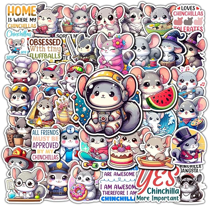 Pack 50 PCS Chinchilla Stickers Print Cool Animal Cartoon Waterproof Vinyl Decals Cute Items for Kids Teens Boys Girls Labels Decor Laptop Phone Case Water Bottles Helmet