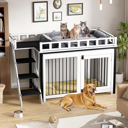PAKASEPT Dog Crate Furniture, Pet Bunk Bed with Stairs and Storage, Dogs/Cats Window Perch, with Multi-Purpose Blanket and Fluffy Dog Bed for Small Medium Size (55.1L x 28.5" W x 37.4" H)