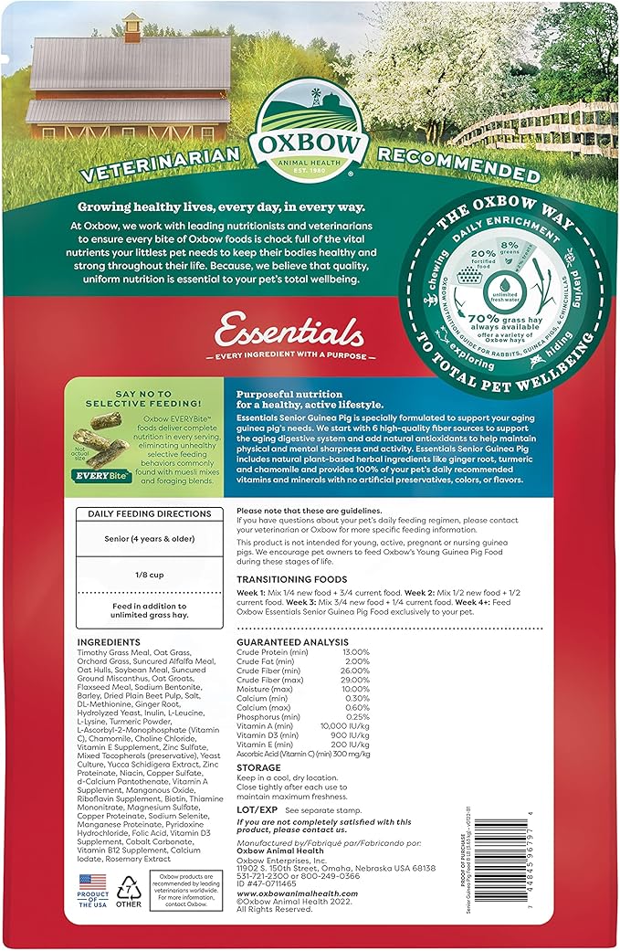 Oxbow Essentials Senior Guinea Pig Food, Made with Oxbow Alfalfa for Guinea Pig, Pet Food Pellets with Vitamin C, Small Animal Pet Products, Made in USA, High Fiber, 8 lb. Bag