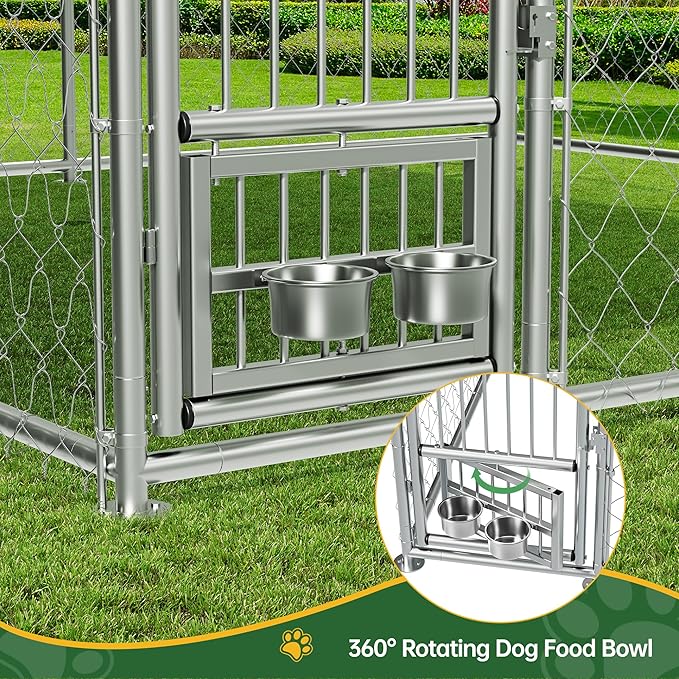 LotFun Large Outdoor Dog Kennel, 10 x 10 FT Heavy Duty Dog Enclosure with Rotated Dog Bowls, UV-Resistant Canopy Cover, Double Lock Security (10 x 10 x 5 in)