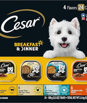 Cesar Wet Dog Food Home Delights & Classic Loaf in Sauce, Breakfast & Dinner Variety Pack, 3.5 oz. Easy Peel Trays (24 Count, Pack of 1)