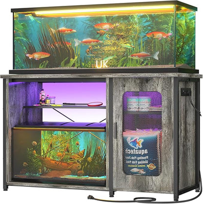 Unikito 55-75 Gallon Aquarium Stand with Power Outlets & LED Light, Reversible Fish Tank Stand with Cabinet for Fish Tank Accessories Storage, Heavy Duty Metal Frame, 880LBS Capacity, Black Oak