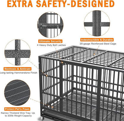 54/48/42/38 inch Heavy Duty Indestructible and Escape-Proof Dog Crate Cage Kennel for Large Dogs, High Anxiety Dog Crate with Removable Wire Trays and Wheels, Extra Large XL XXL