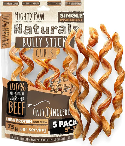 Mighty Paw Naturals Curly Bully Sticks for Dogs - Grass Fed Beef Chews. Bully Sticks for Large Dogs, Medium, Small Breeds. Lower Odor Treats for Small Pets. Single Ingredient 6” - 5 Pack