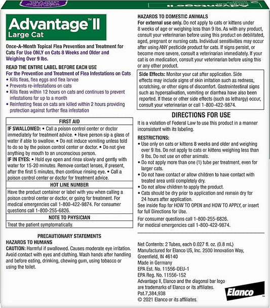 Advantage II Large Cat Vet-Recommended Flea Treatment & Prevention | Cats Over 9 lbs. | 2-Month Supply