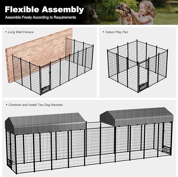 Large Dog Kennel Outside with Roof, Heavy-Duty Indoor Outdoor Dog Run Dog Enclosure with Removable Cover, Dog Pens Outside Playpen with Latch-Lock & Swivel Feeding Door, 4x8x6 Ft