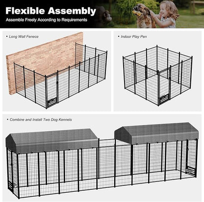 Large Dog Kennel Outside with Roof, Heavy-Duty Indoor Outdoor Dog Run Dog Enclosure with Removable Cover, Dog Pens Outside Playpen with Latch-Lock & Swivel Feeding Door, 4x8x6 Ft