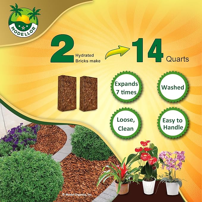 MODELLOR Premium Super Washed, Clean, Coco Chips, 2 Bricks (2.2 lb.) yields 14 Qts. of Loose Chips. Reptile Bedding, Organic, Odor Absorbing, Grow Orchids, Mulch Indoor, Outdoor.