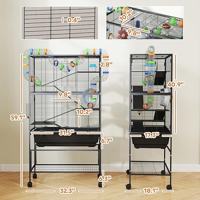PawHut Large Hamster Cage with Deep Tray, 5 Tier Rolling Rat Cage with Storage Shelf, Big Exercise Wheel, Tube System, Hut, Platforms, Ramps, Food Dish, Water Bottle, for Syrian, Gerbil, Mouse