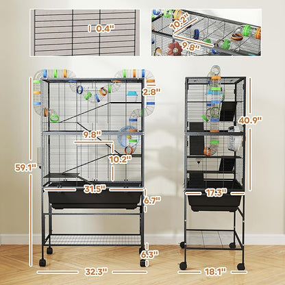 PawHut Large Hamster Cage with Deep Tray, 5 Tier Rolling Rat Cage with Storage Shelf, Big Exercise Wheel, Tube System, Hut, Platforms, Ramps, Food Dish, Water Bottle, for Syrian, Gerbil, Mouse