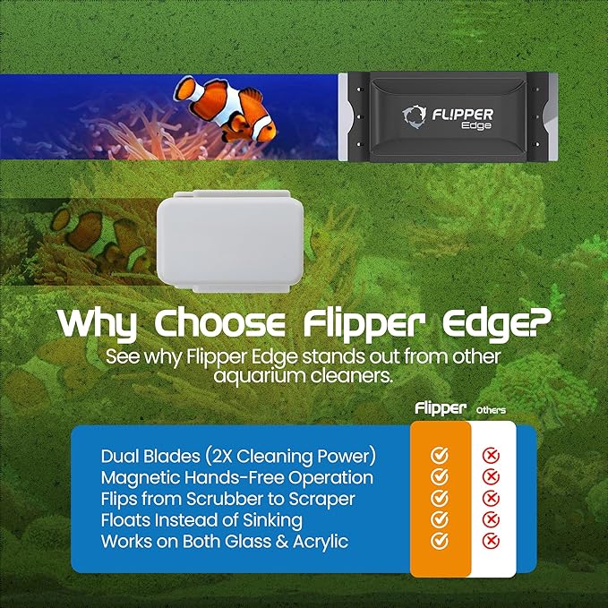 Flipper EDGE 2-in-1 Scrubber Scraper Floating Magnetic Fish Tank Aquarium Cleaner with DUAL BLADES - Efficient Glass & Acrylic Aquarium Cleaning Tools (Standard)