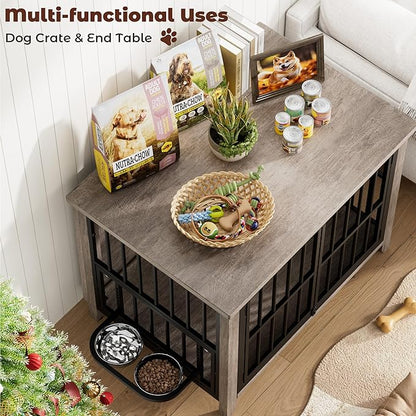 Lulive Dog Crate Furniture, Wooden Dog Kennel Indoor with Adjustable 360°& Height Dog Bowls, Double Doors Furniture Dog Crates End Table for Small/Medium 31.5" L*22.5" W*25.6" H, Grey