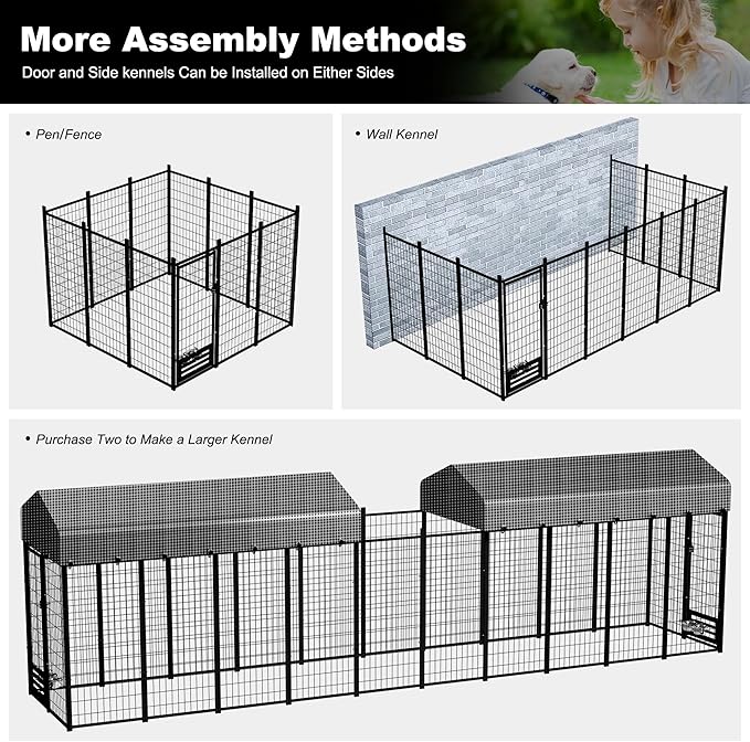 HITTITE 8x4x6 FT Large Outdoor Dog Kennel, Expandable Modular Dog Kennel Outside with Rotate Feeding Door, Heavy Duty Welded Wire Steel Dog Run Dog Playpen Fence with Black Roof Cover for Backyard