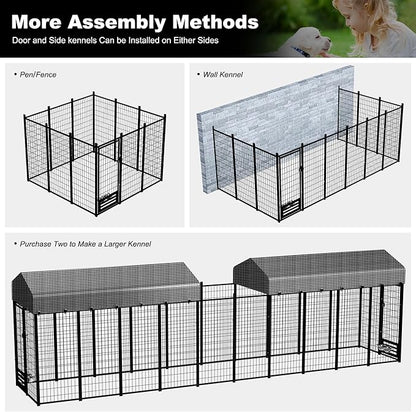 HITTITE 8x4x6 FT Large Outdoor Dog Kennel, Expandable Modular Dog Kennel Outside with Rotate Feeding Door, Heavy Duty Welded Wire Steel Dog Run Dog Playpen Fence with Black Roof Cover for Backyard
