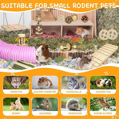 40 PCS Hamster Toys Set Guinea Pig Toys, Hamster Cage Accessories with Tunnel, Bridge, Natural Timothy Hay, Apple Wood and Bamboo for Boredom Relief & Teeth Care for Chinchillas, Gerbils, Rats