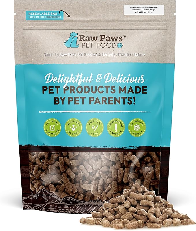 Raw Paws Freeze Dried Ferret Food - Chicken Recipe 16-oz - Made in USA - Grain Free Diet for Small, Adult, Senior & Baby Ferrets - Use as Treats for Rewarding & Training, Ferret Food Dry