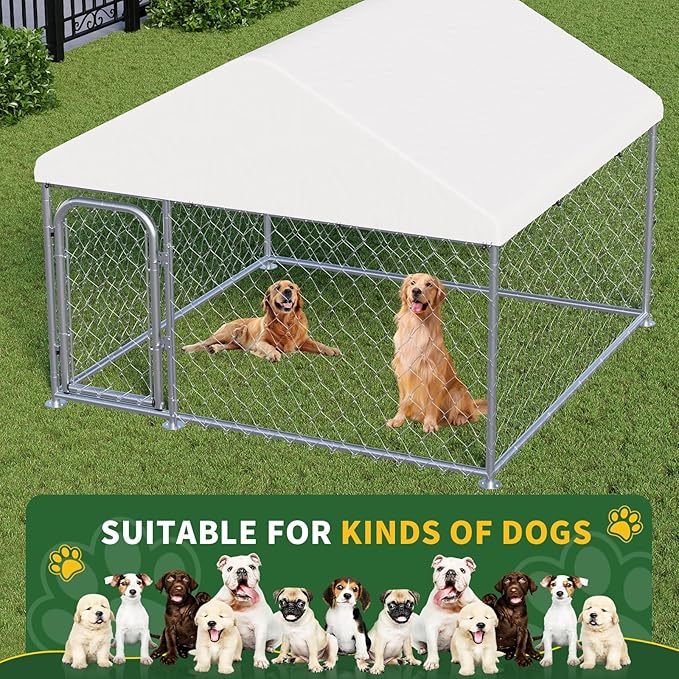 LotFun Large Outdoor Dog Kennel, 10 x 10 FT Heavy Duty Dog Enclosure with Chain Link Fence, UV-Resistant Canopy Cover, Double Lock Security (6 x 6 x 5 in)