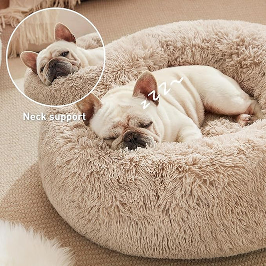 Love's cabin Calming Dog & Cat Bed, Cat Bed for Indoor Cats, Anti-Anxiety Donut Round Bed, Fluffy Warming Pet Bed for Small Medium Dogs and Cats, Beige Taupe 20"/24"