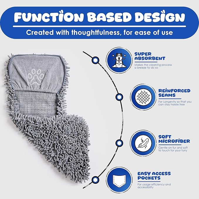 Quick Dry Towel for Dogs – Ultra Absorbent Microfiber Dog Bath Towel, Extra Large 30x15 Size | Soft Pet Drying Towel with Hand Pockets | Durable & Machine Washable-Grey