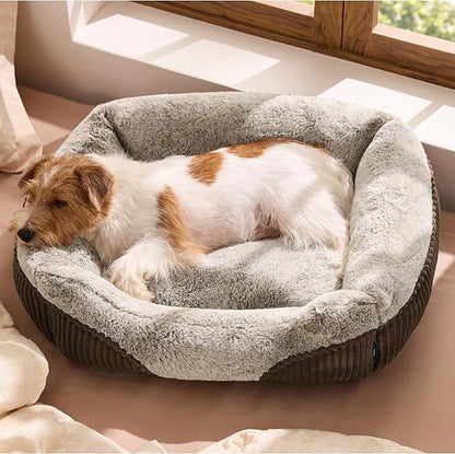 Bedsure Washable Dog Bed Small Medium Size Dog - Rectangle Fluffy Plush Pet Bed Puppy Bed, Comfy Corduroy Fleece and Nonskid Bottom,25x21x7inches,Suitable for Pet Up to 20lbs,Brown