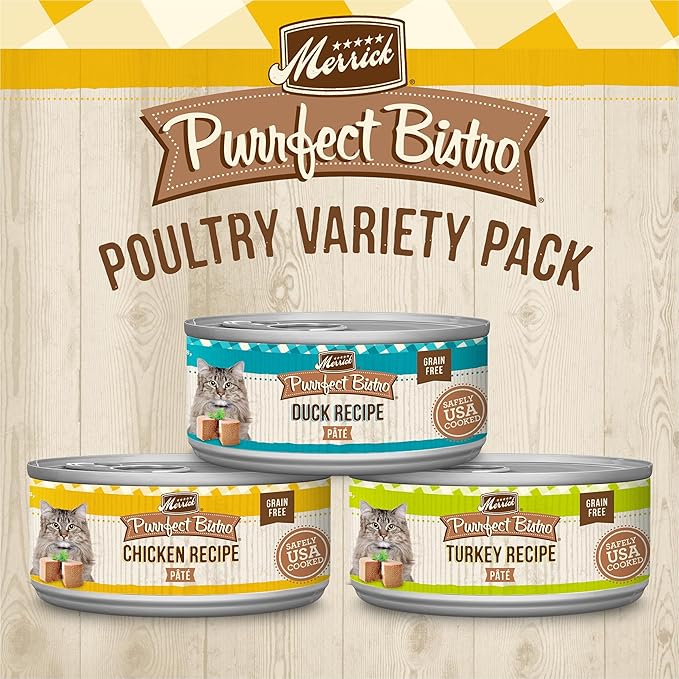 Merrick Purrfect Bistro Grain Free Premium Canned Pate Adult Wet Cat Food, Variety Pack, Chicken, Duck, Turkey - (Pack of 12) 5.5 oz. Cans