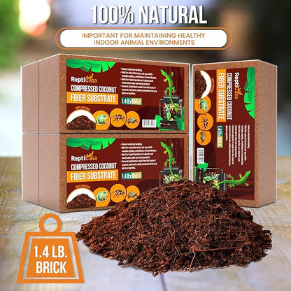 Compressed Coconut Fiber Substrate, 1.4 lb. Bricks, Natural Husk Terrarium Bedding, Reptiles, Frogs, Snakes, or Tortoise, Odor and Waste Absorbent Compostable, 5 Pack