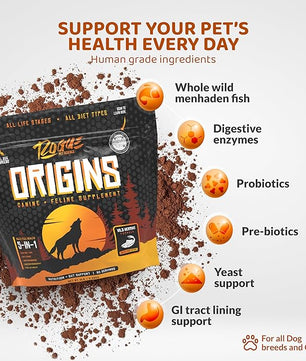 Origins 5-in-1 Dog Supplement - Powdered Food Topper w/Natural Omega 3 Fish Oil - Supports Healthy Digestion, Skin, and Coat - Helps Reduce Itching & Joint Inflammation (5 lbs)