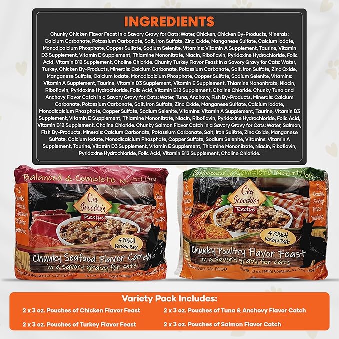 Chef Scoochie's Gourmet Wet Cat Food Variety Pack with Natural Poultry & Seafood Flavors - Tender Chunks in Gravy Cat, 16 Individual Pouches (3oz Each 8 Pouches of Each Flavor)