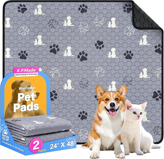 Washable Pee Pads for Dogs, 2 Pack Reusable Puppy Pads, Waterproof Pet Pee Pads for Dog Potty Training, Extra Large Dog Pee Pads for Crate, Playpen, and Whelping, Durable and Absorbent, Gray 24"x48"