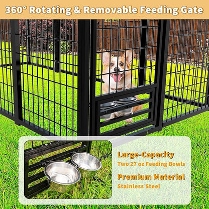 Large Dog Kennel Outside with Roof, Heavy-Duty Indoor Outdoor Dog Run Dog Enclosure with Removable Cover, Dog Pens Outside Playpen with Latch-Lock & Swivel Feeding Door, 4x8x6 Ft